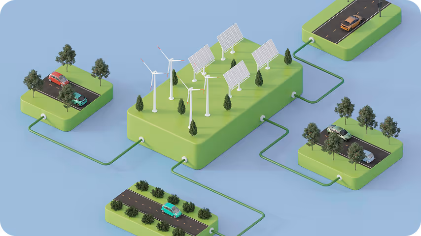 Diagram showing green energy sources with wind turbines, solar panels connected to cars by green lines.