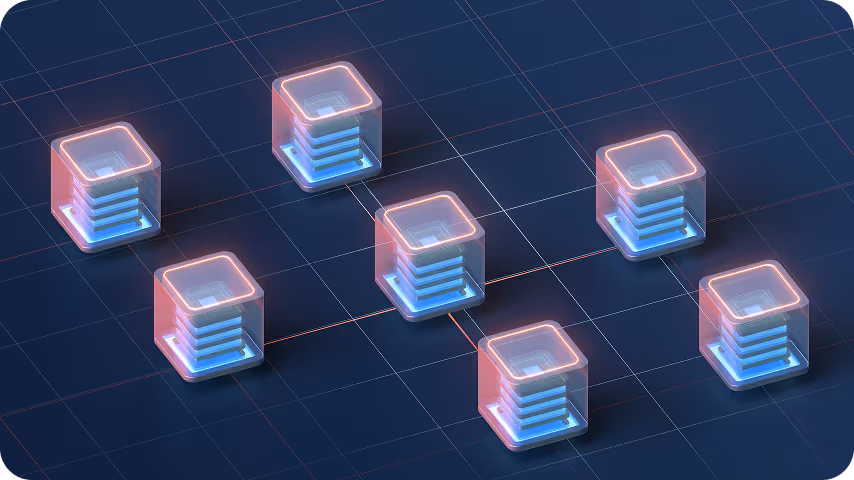 Seven glowing transparent cubes connected with lines on a dark grid background.