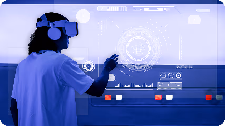 Person wearing VR headset and headphones interacts with digital holographic interface in blue lighting.