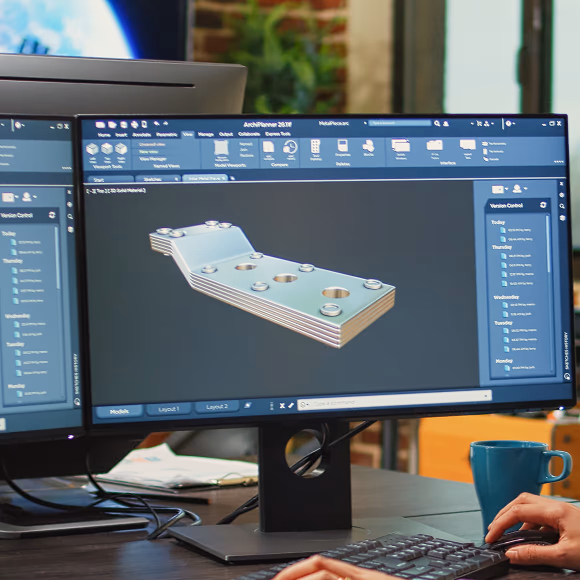 Computer screen showing 3D CAD model of a metal mechanical part with holes and bolts.
