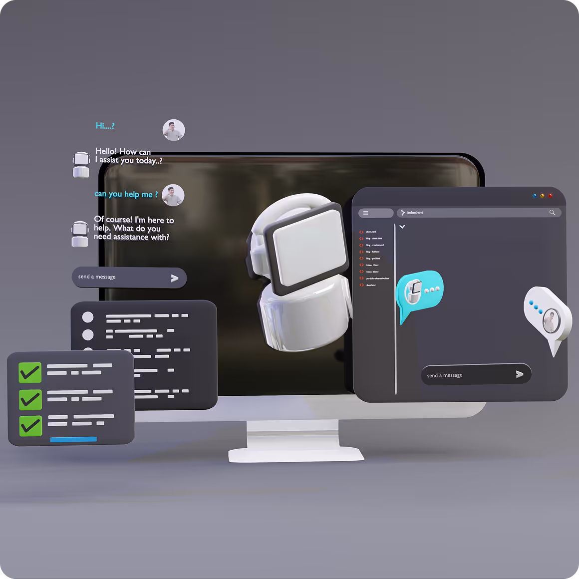 Computer with chatbot interface showing conversation bubbles, messages, and a robot head icon.