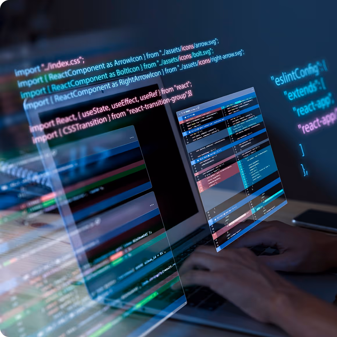 Hands typing on a laptop with floating code snippets and programming interface overlays.