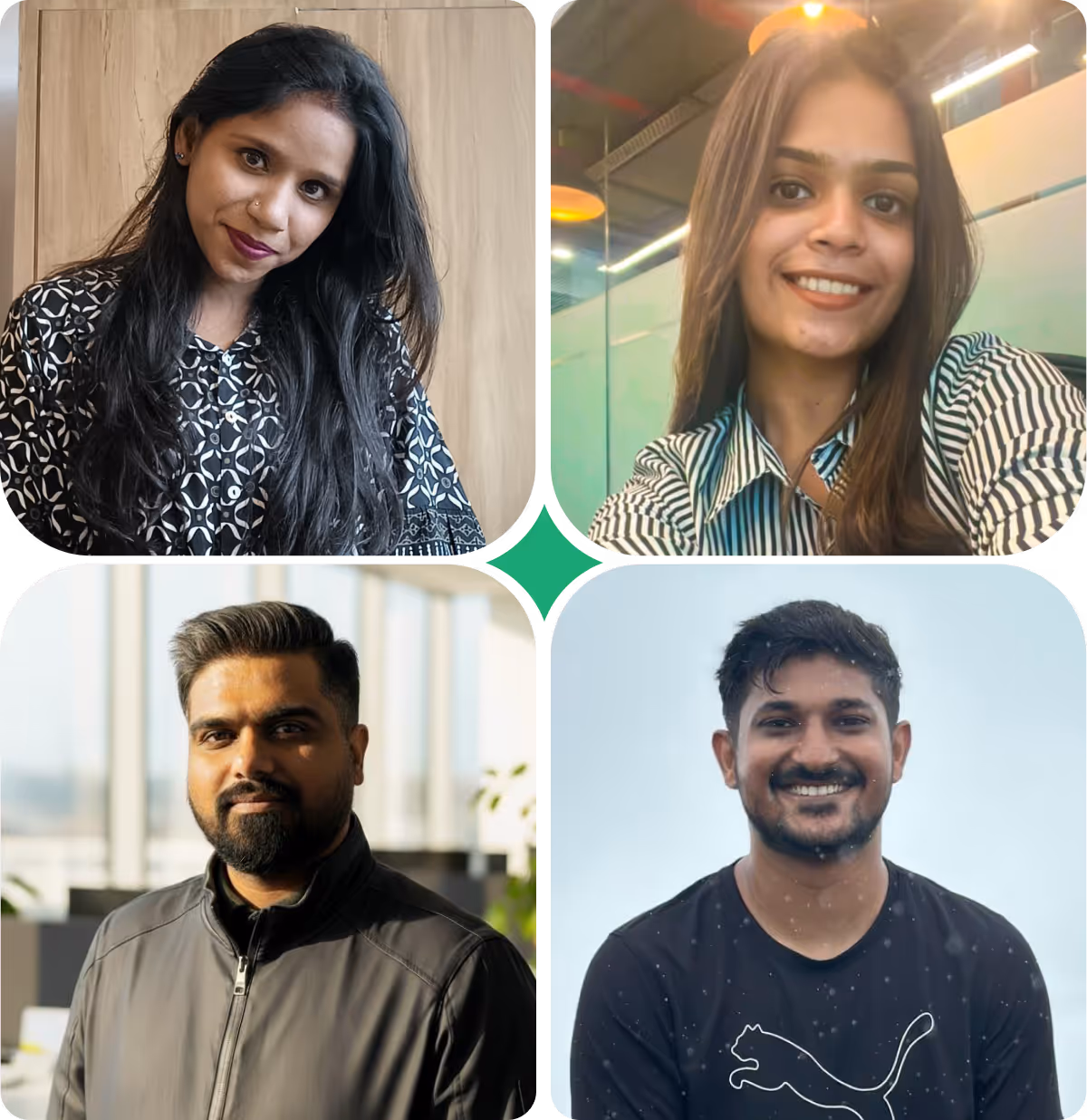 Portraits of four smiling young adults in casual and office attire in different indoor settings.