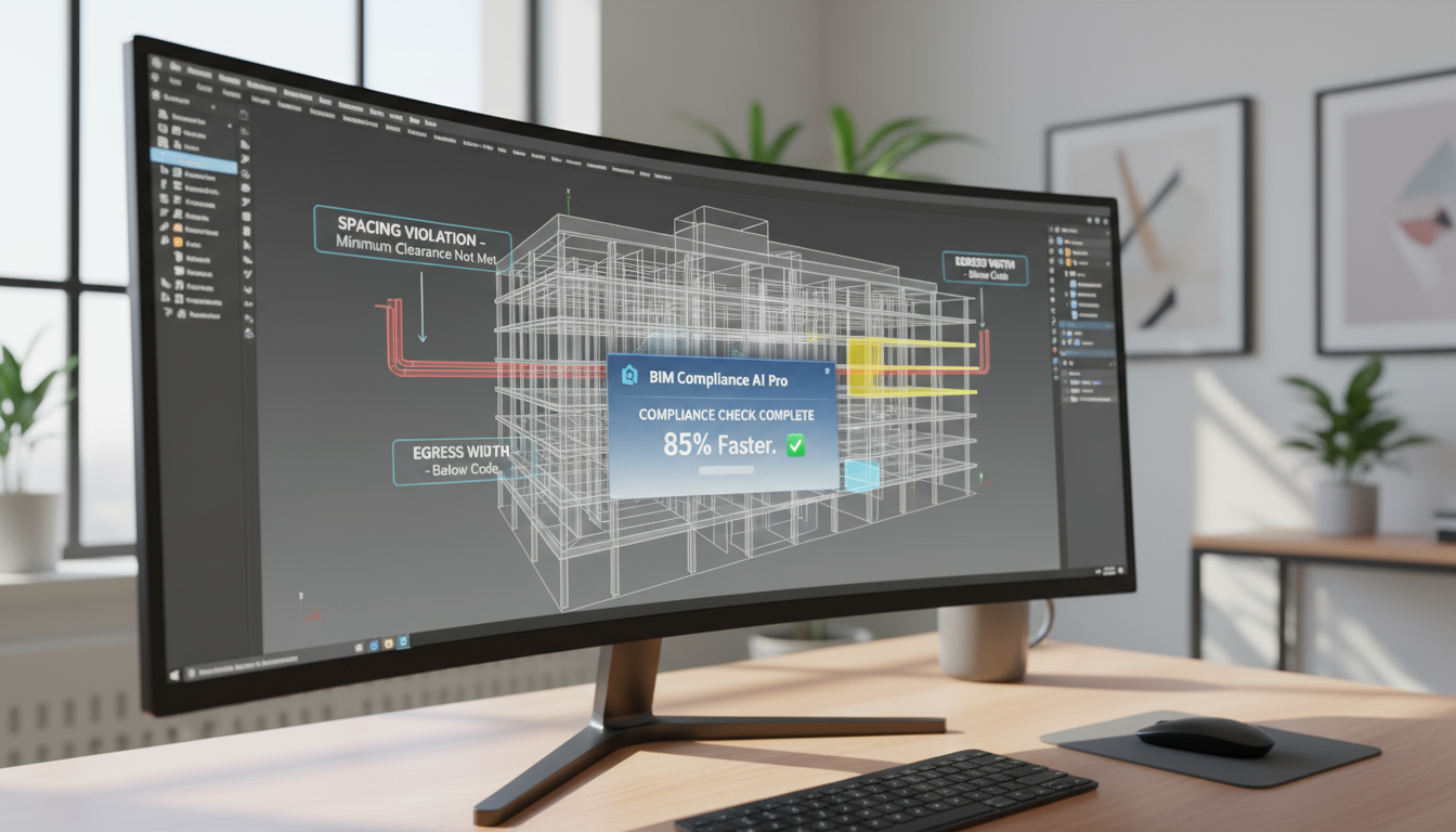 Wide monitor showing a 3D architectural wireframe of a building.
