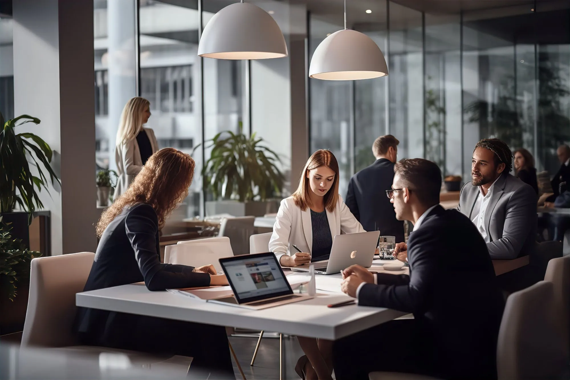Four professionals discussing work around a table with laptops in a modern office space.