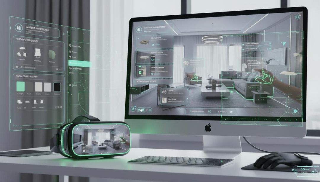 Workstation showing a 3D interior on screen with a VR headset on the desk.