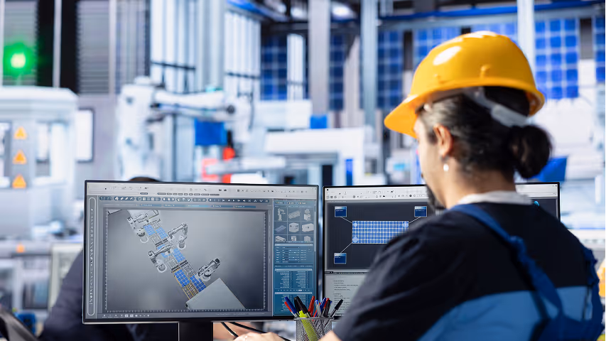 Engineer in a hard hat reviewing technical schematics on dual monitors.