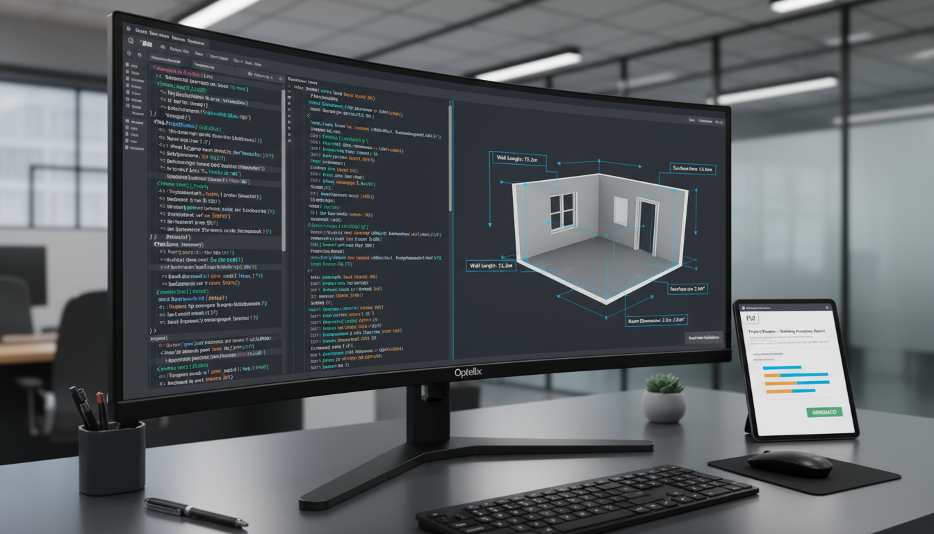 Desk with dual monitors showing code and a 3D house model beside a tablet.