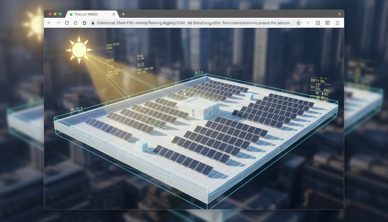 3D rooftop model covered in solar panels with sun-path context.