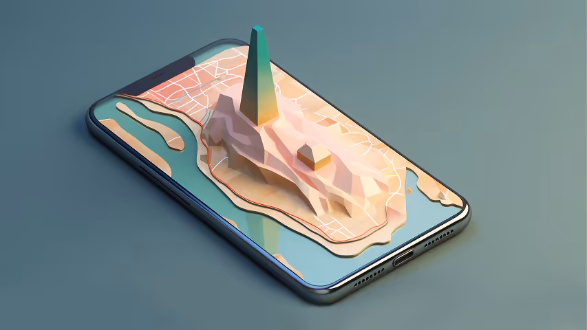 Phone showing a 3D planning map with a vertical structure rising from the screen.