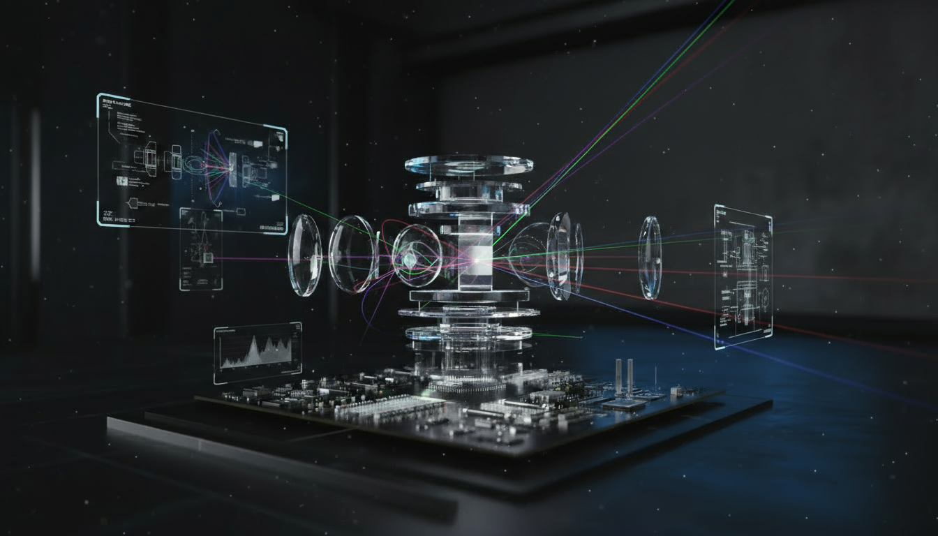 Transparent lens system with light beams and data overlays on a circuit board in a dark setting.