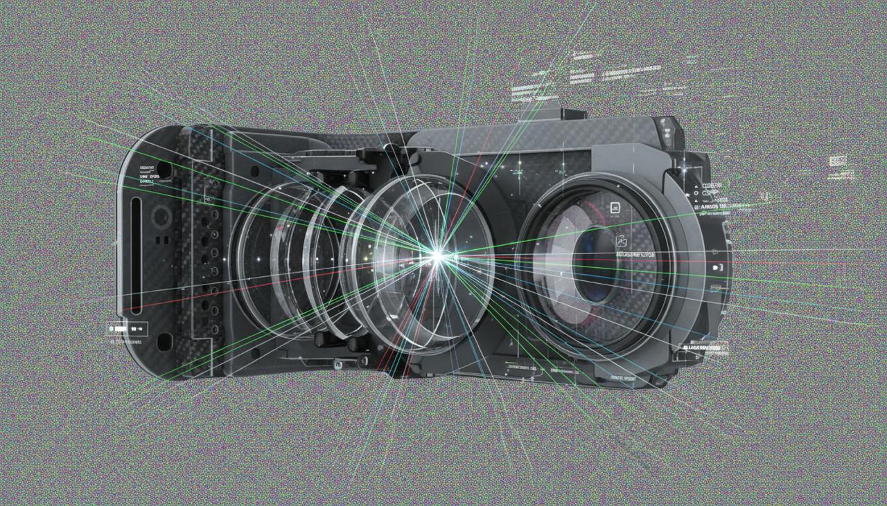 Close-up of a digital camera lens with overlayed technical diagrams and measurements.