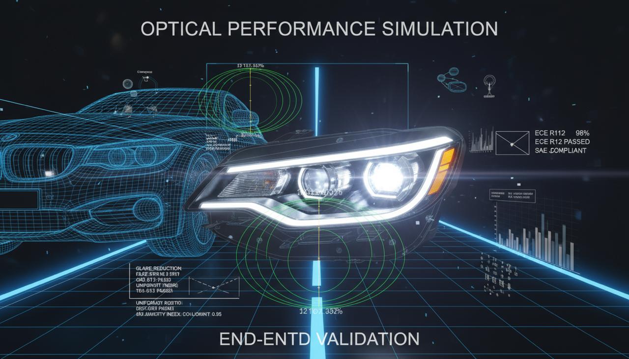 Car headlight optical performance simulation with wireframe car and data charts in blue grid space.