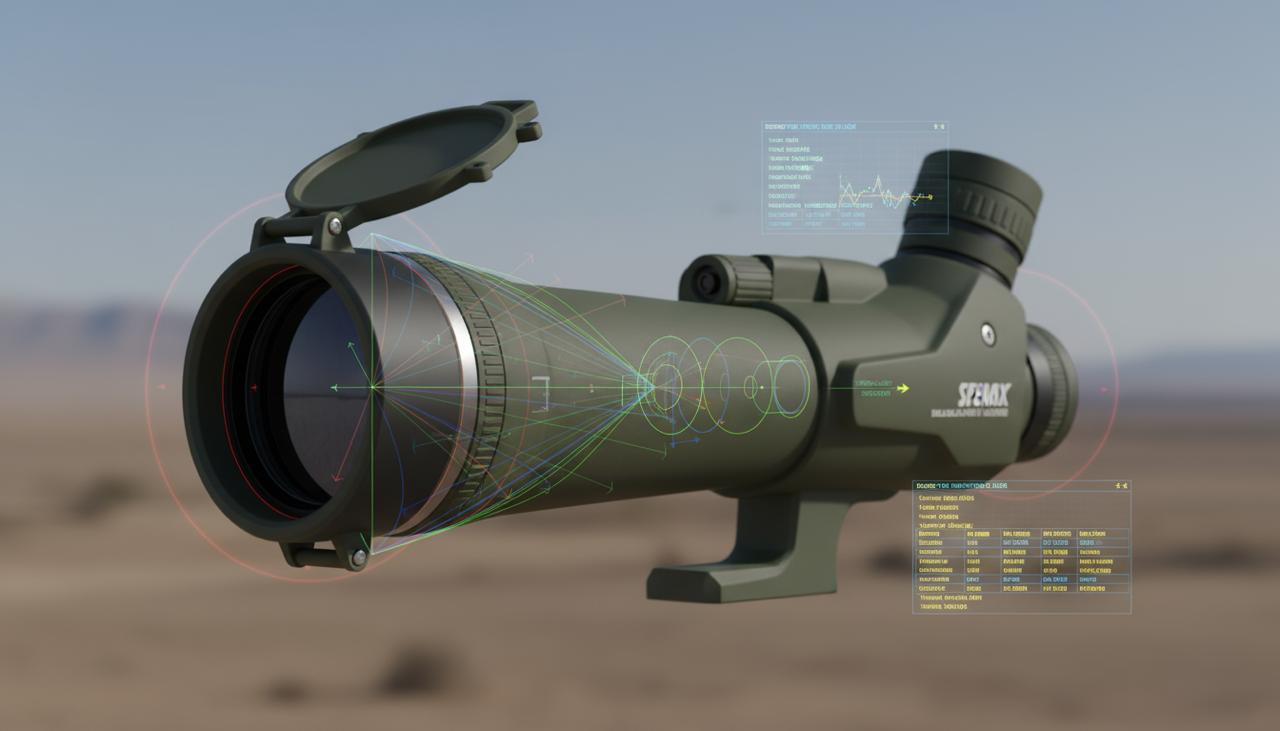 Close-up of a rifle scope with digital overlays showing technical data and lens optics.
