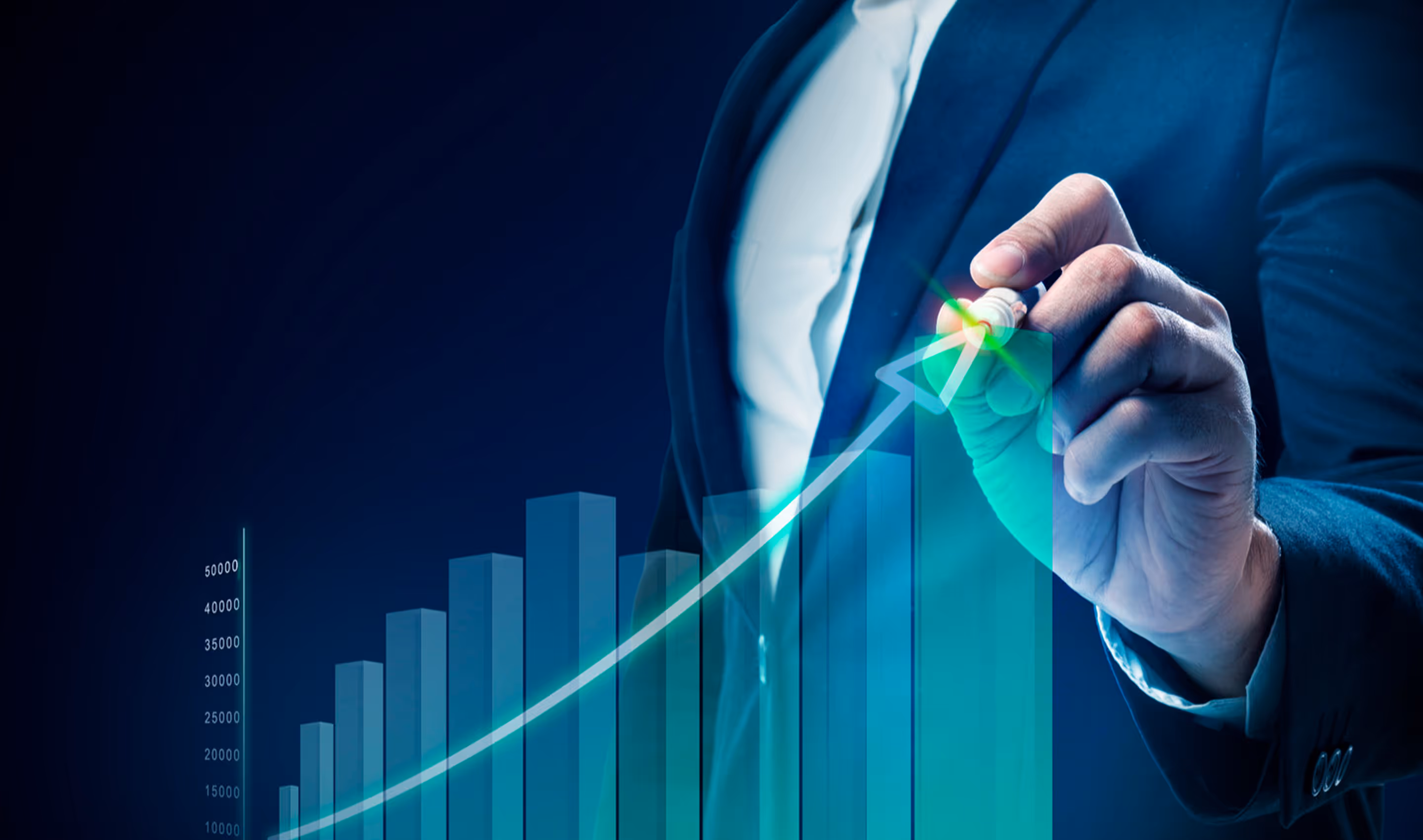 Businessman drawing an upward trend line over a rising bar graph with values up to 50000.