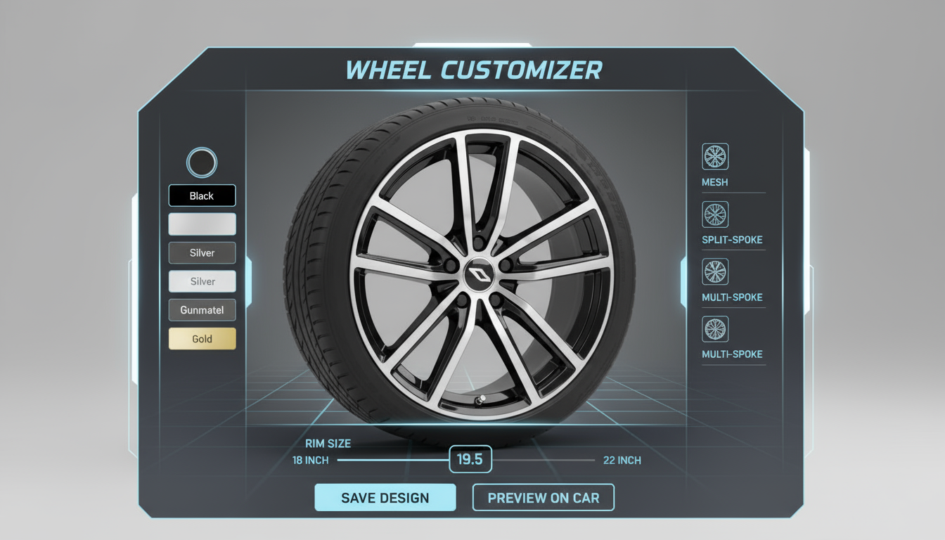 Digital wheel customizer interface with a black and silver rim, color and spoke style options.