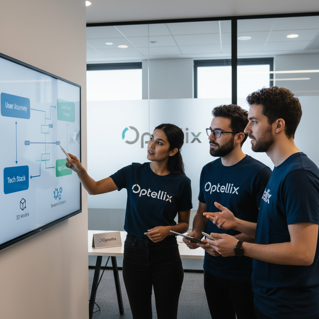 Three Optellix team members discussing a flowchart on a screen in a modern office.