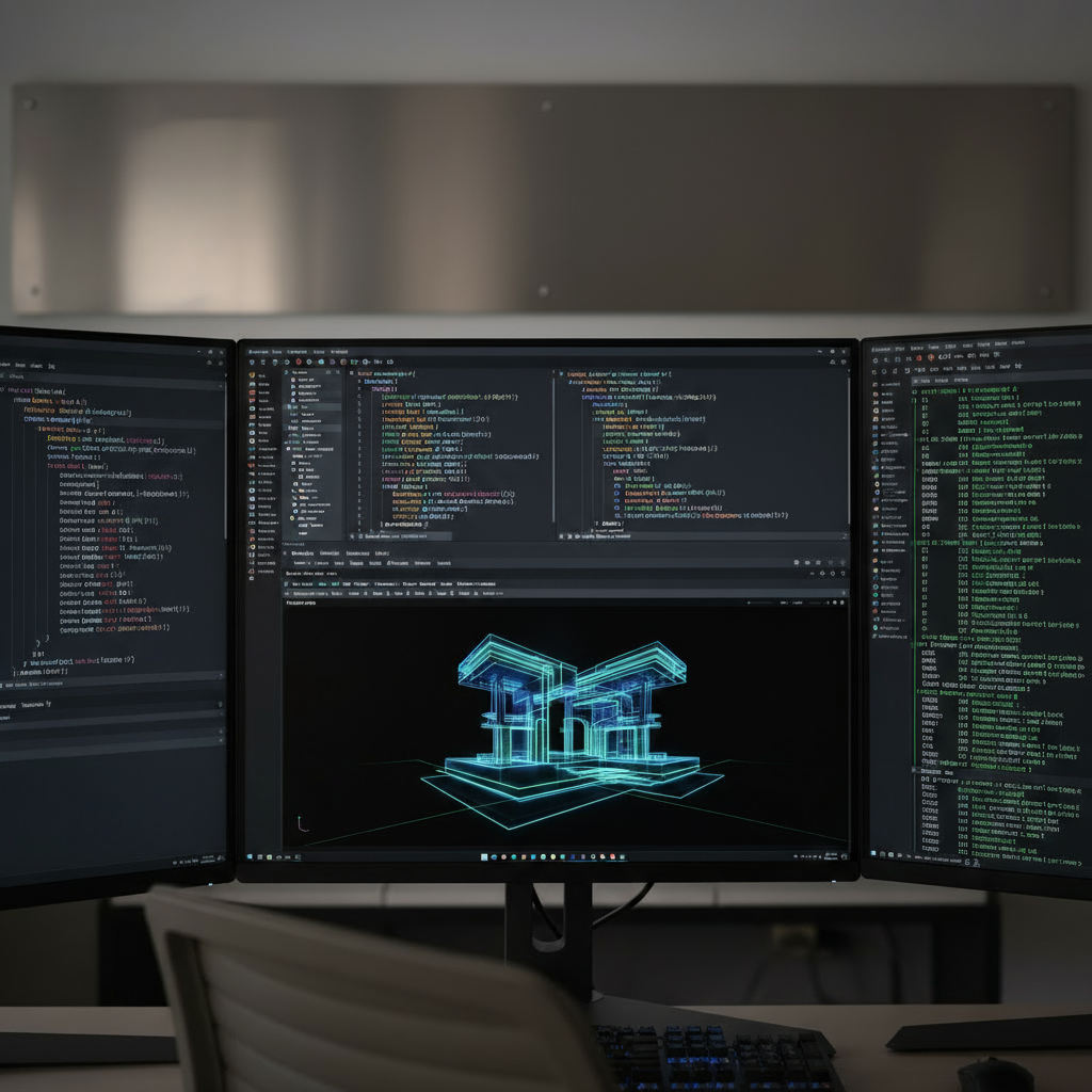 Three computer monitors with code and a 3D architectural wireframe model in the center screen.