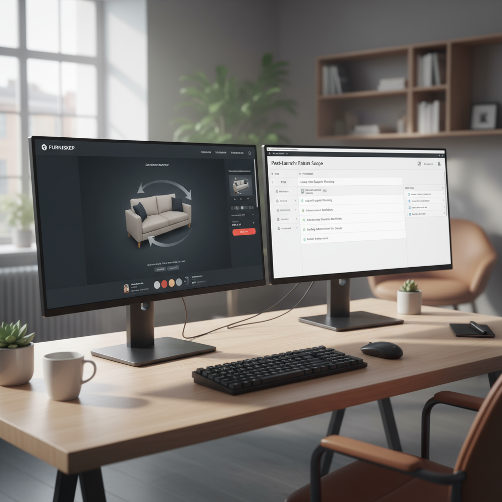 Modern workspace with dual monitors showing furniture 3D app and task management software.