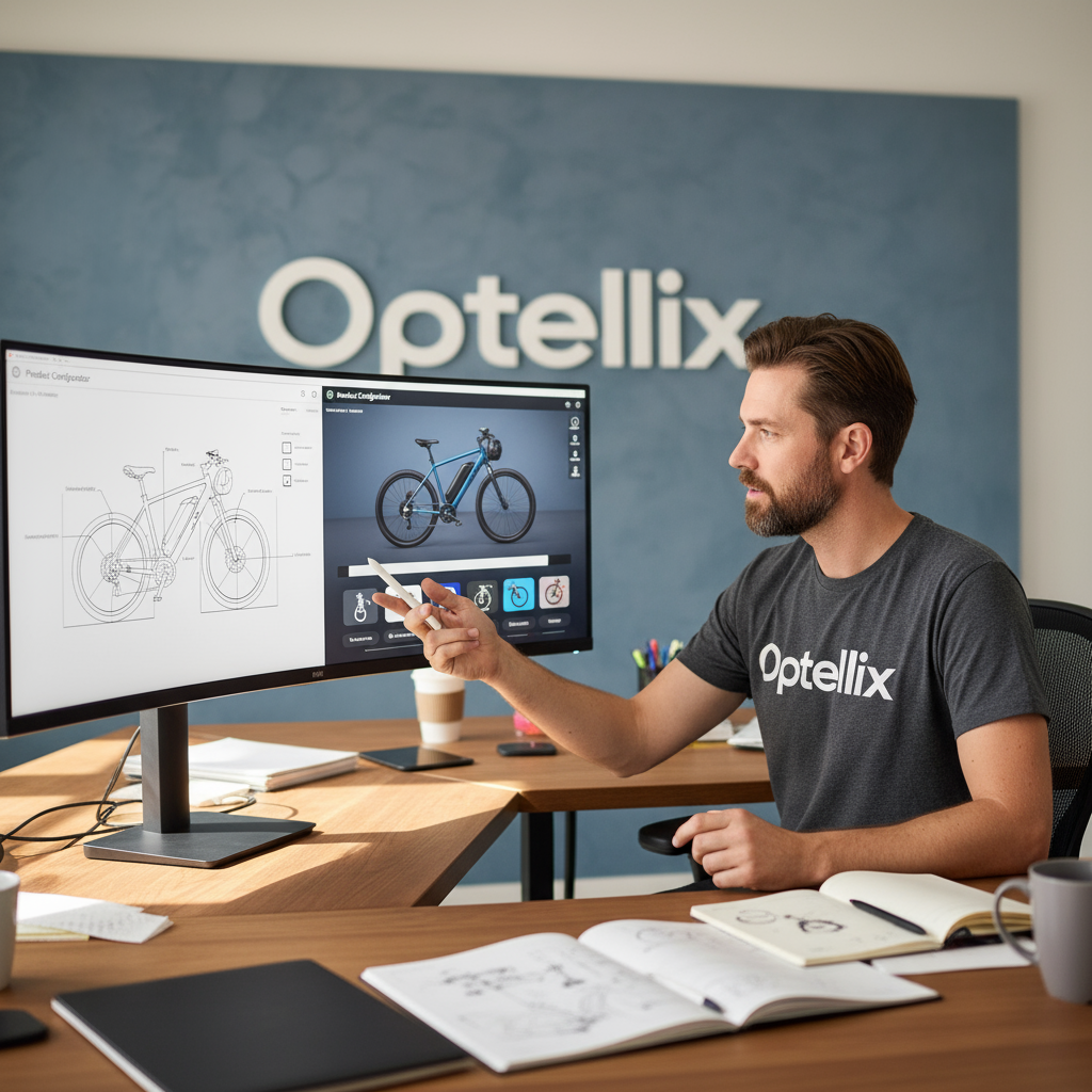 Man in Optellix shirt working on bike design on dual monitors at a desk with sketches and coffee.