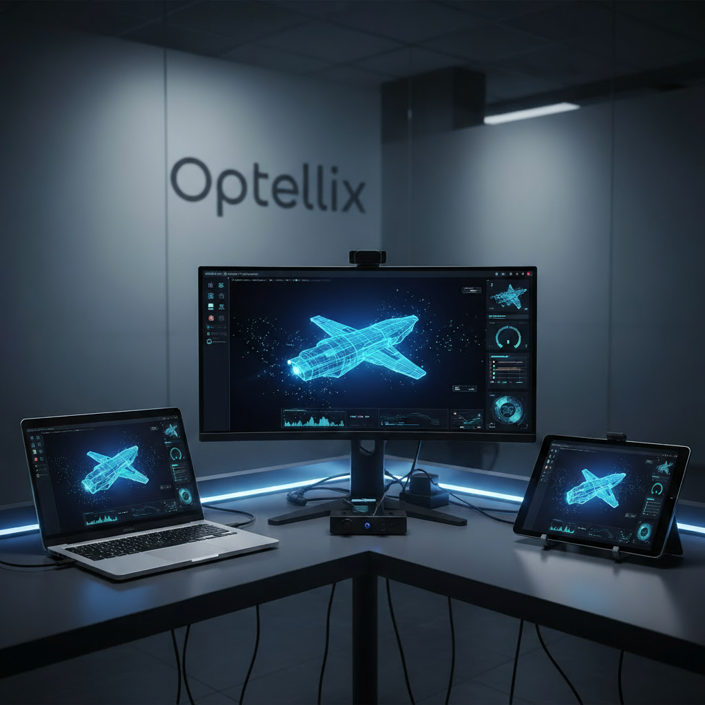 Three screens showing blue 3D airplane models in a dark room with Optellix logo on the wall.