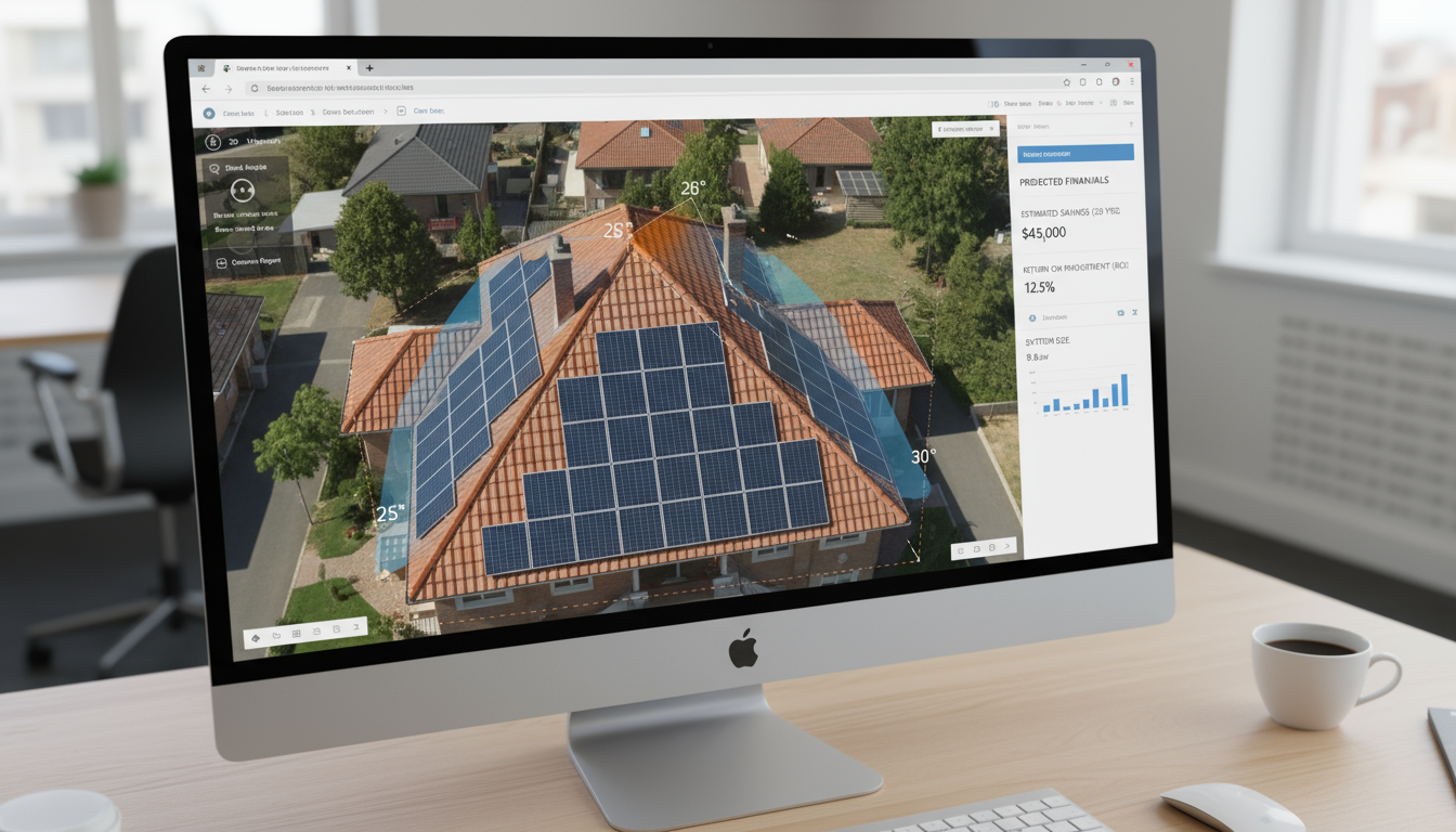 Computer screen showing solar panel layout and financial projections for a house roof installation.