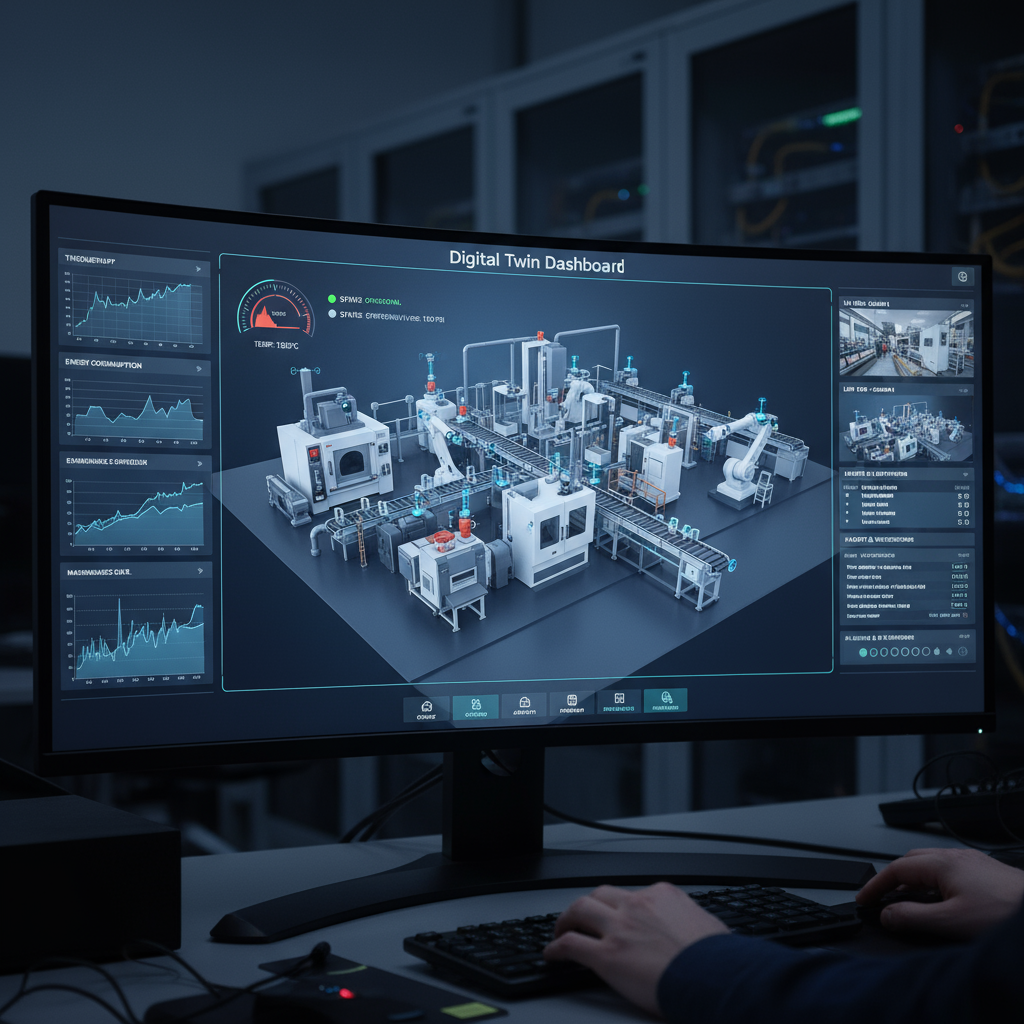 Curved monitor showing digital twin dashboard of factory automation with charts and robotic arms.