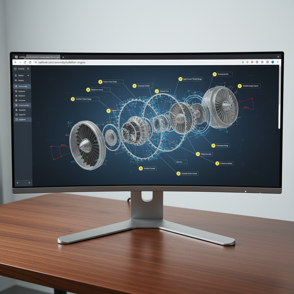 Curved monitor on desk showing a 3D exploded view of a turbine engine with labeled parts.