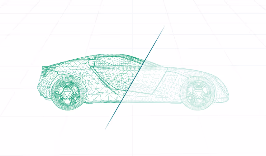 3D car model split to reveal internal structure.