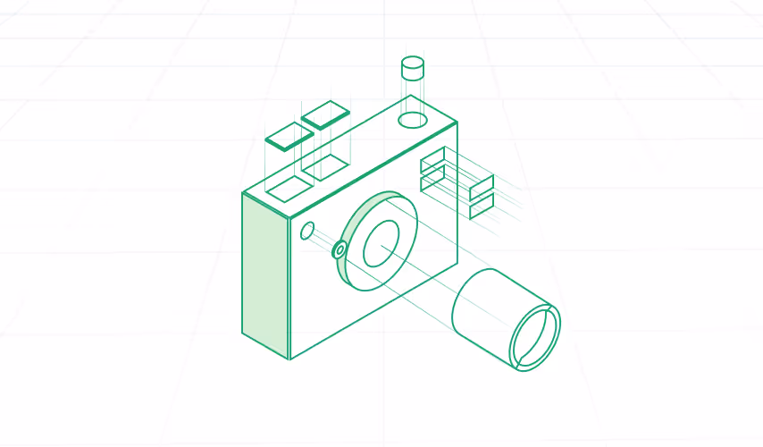 Green wireframe exploded view of a camera assembly.