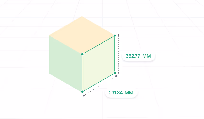 Measured 3D cube with labeled edge dimensions.
