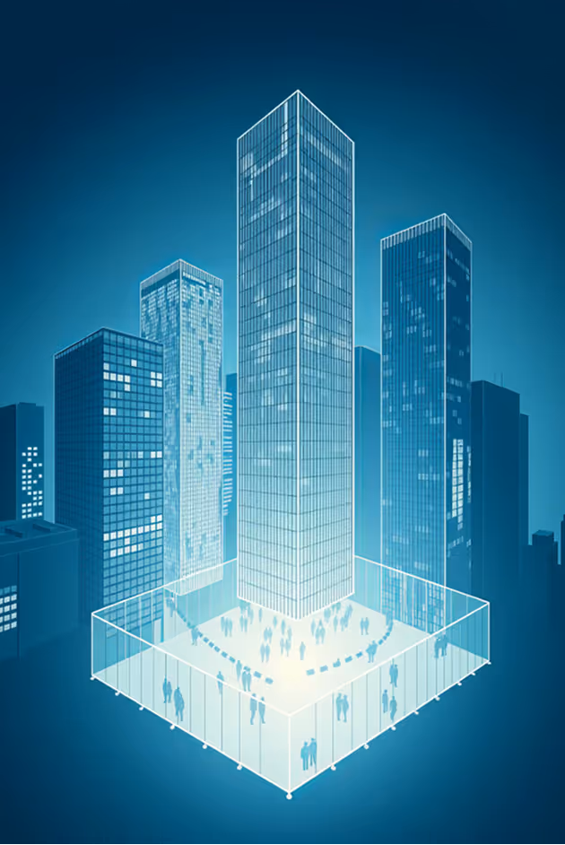 Glowing building visualization in a cityscape.