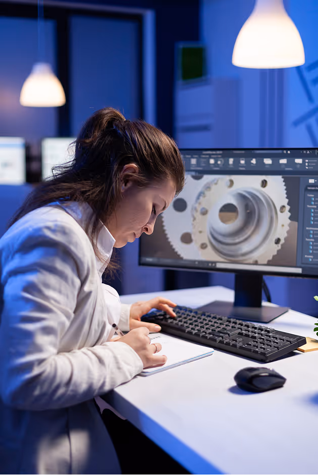 Engineer reviewing a 3D gear model on a workstation.