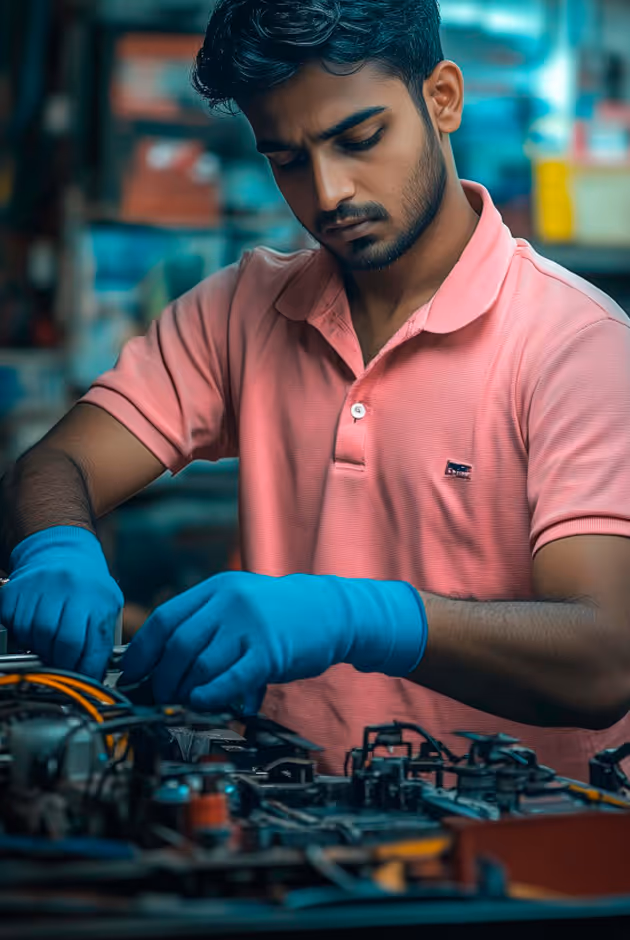 Technician working on electronic and mechanical components.