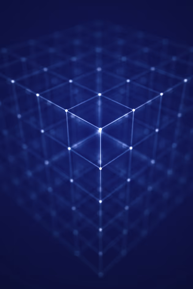 Glowing blue point-cloud style cube grid.